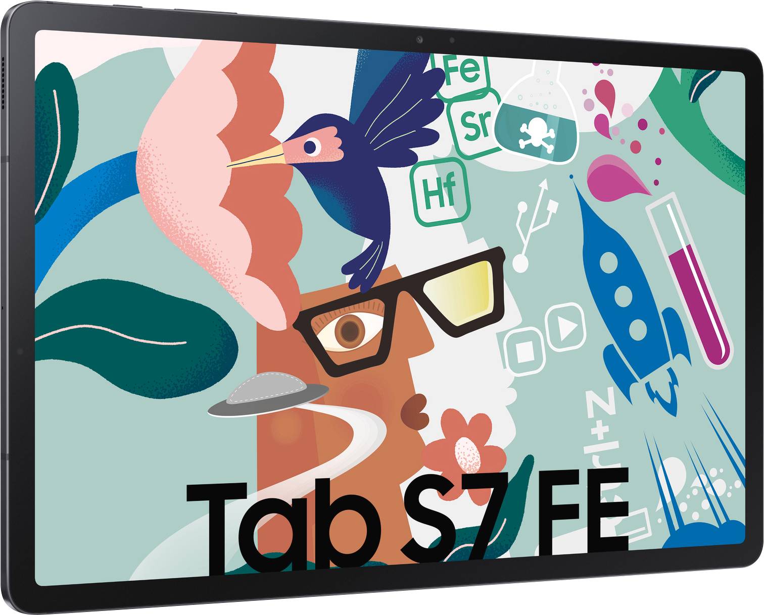 Tablet mit bunter Illustration: Vogel, Blumen, chemische Symbole, Brille und Rakete. Text 'Tab S7 FE' unten auf dem Bildschirm.