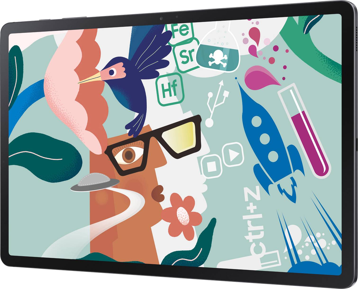 Bunte Illustration auf einem Tablet mit Natur- und Technologie-Symbolen: Vogel, Blumen, Rakete, Reagenzglas und chemische Symbole.