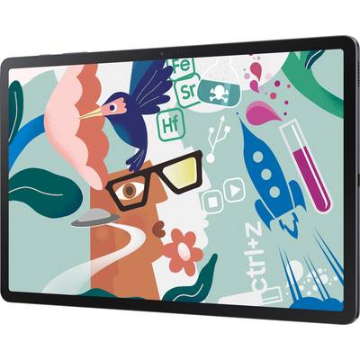 Bunte Illustration auf einem Tablet mit Natur- und Technologie-Symbolen: Vogel, Blumen, Rakete, Reagenzglas und chemische Symbole.