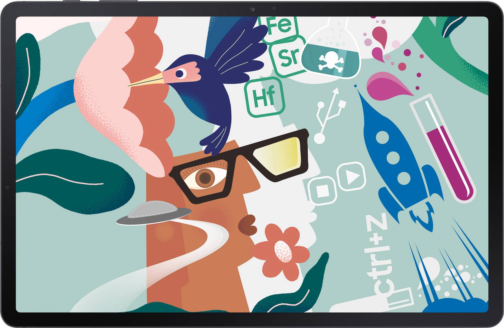 Eine abstrakte Illustration mit einem Menschengesicht, einem Vogel, chemischen Symbolen und einem Reagenzglas. Elemente der Wissenschaft und Technologie.