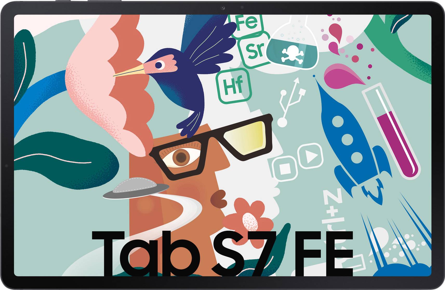 Illustration mit einem Tablet, das chemische Symbole, ein Reagenzglas, eine Rakete und eine Person mit Brille und Schnabeltier zeigt.