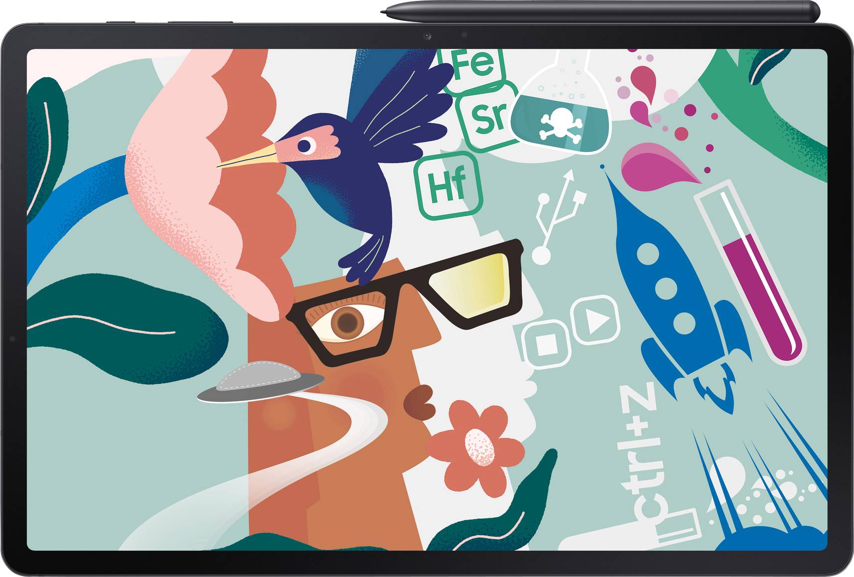 Ein stilisiertes Gesicht mit Brille, umgeben von Pflanzen, einer Rakete, einem Reagenzglas und einem Kolibri auf buntem Hintergrund.