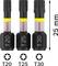 Drei Torx-Bits (T20, T25, T30) von Bosch, jeweils 25 mm lang. Oben ist die Marke mit gelbem Streifen zu sehen. Unterhalb sind Symbole.