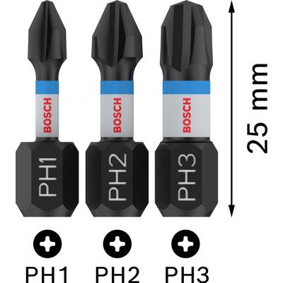 Drei schwarze Phillips Schraubendreher-Bits der Größen PH1, PH2 und PH3. Jede ist 25 mm lang. Markenname 'Bosch' auf jedem Bit.