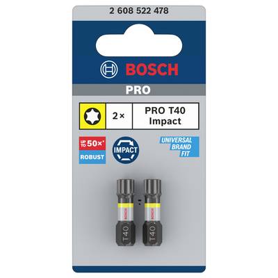 Verpackung von Bosch PRO T40 Impact Bits, 2 Stück. Robuste Bits, geeignet für verschiedene Marken und Anwendungen, hohe Haltbarkeit.