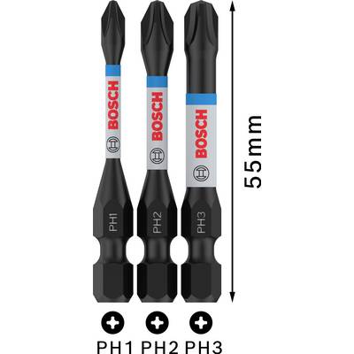 'Drei Bosch Kreuzschlitz-Bits, Größen PH1, PH2 und PH3, jeweils 55 mm lang.'