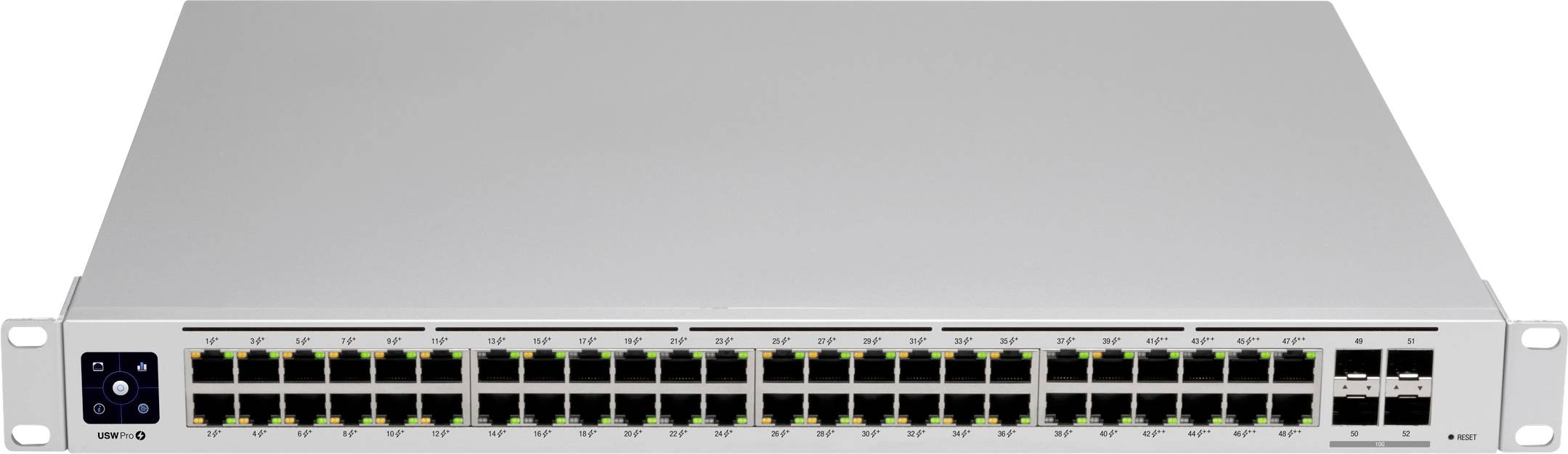 Ein 48-Port-Netzwerkswitch mit zwei zusätzlichen Anschlüssen, geeignet für die Verbindung mehrerer Geräte in einem Netzwerk.