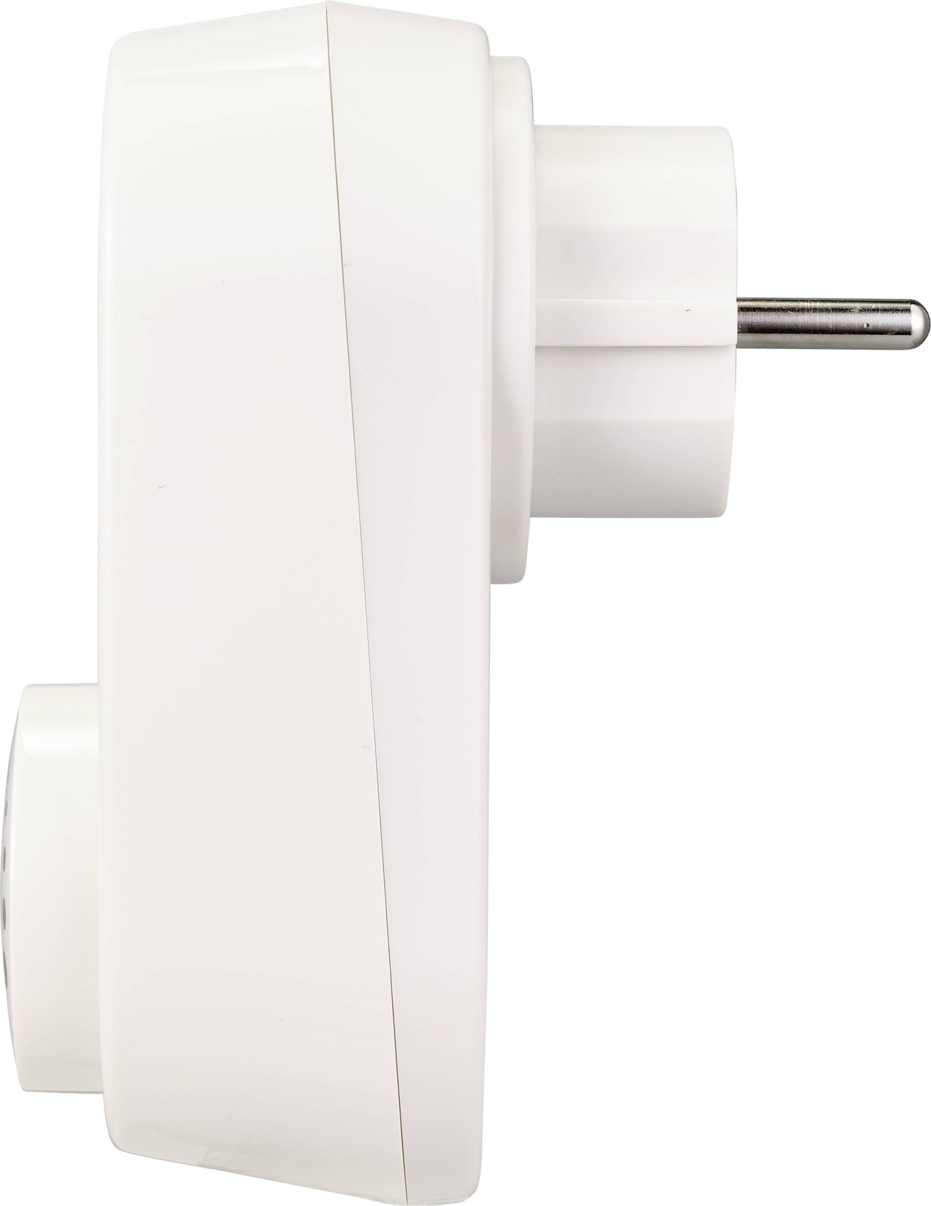 Weiße Steckdosenadapter, seitliche Ansicht.