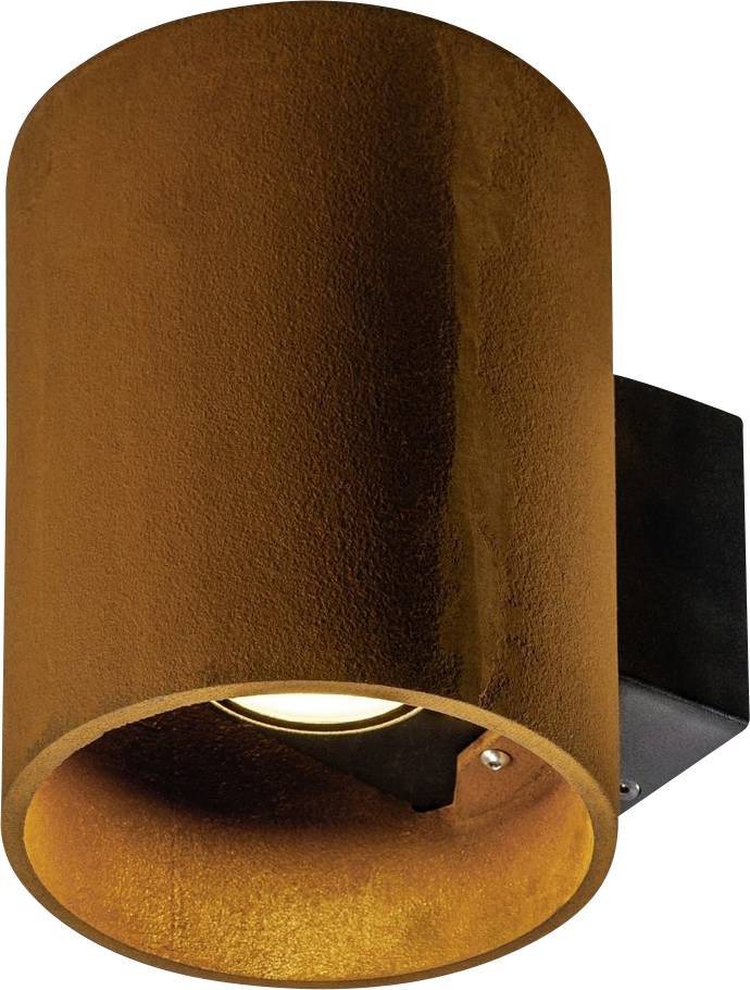Zylindrische Wandlampe aus braunem Metall, moderner Stil, von der Seite gesehen, mit schwarzem Befestigungselement an der Wand.