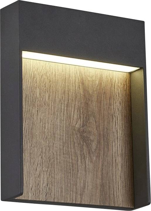Ein dunkelgraue Wandleuchte mit integrierter LED-Beleuchtung, die auf eine strukturierte Holzoberfläche scheint.