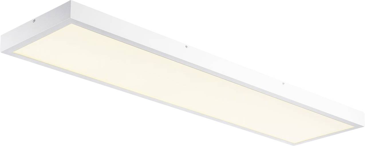 Ein rechteckiges, flaches LED-Panel mit weißem Rahmen. Es strahlt gleichmäßiges, warmweißes Licht aus. Geeignet für moderne Deckenbeleuchtung.