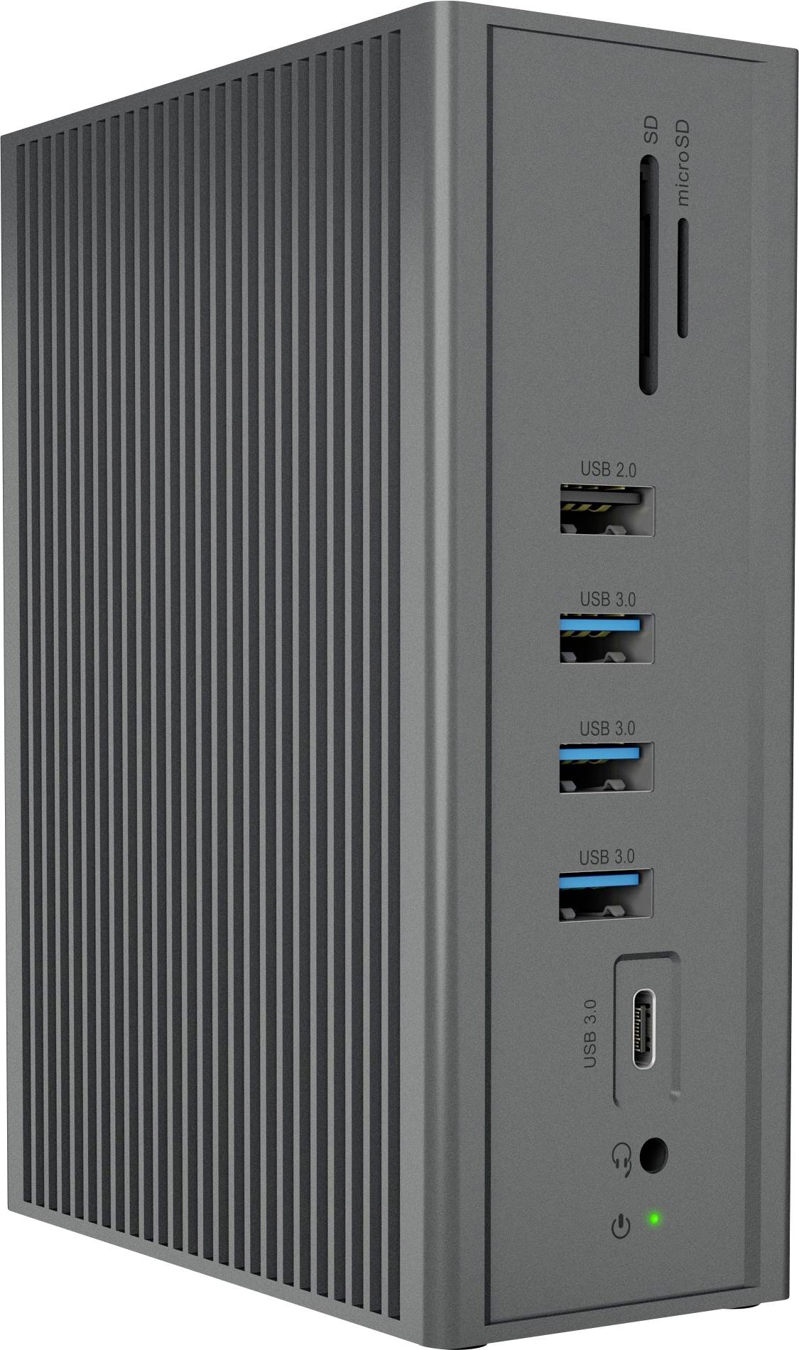 Ein graues Computer-Docking-Station-Gehäuse mit vertikalen Lüftungsschlitzen, mehreren USB-Anschlüssen, SD- und microSD-Kartensteckplätzen.