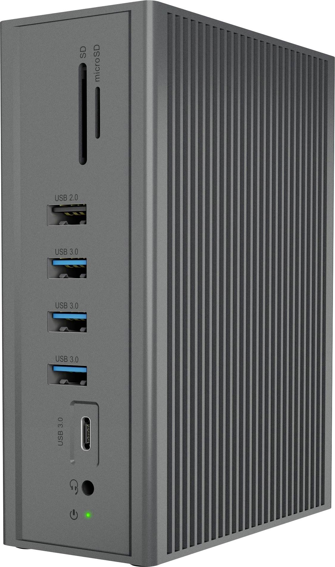 Externe Dockingstation in Grau mit mehreren USB-Anschlüssen, SD- und microSD-Kartensteckplätzen. Kompatibel mit verschiedenen Geräten.