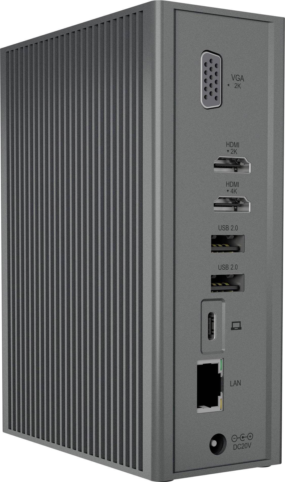Abgebildet ist eine graue Dockingstation mit mehreren Anschlüssen: VGA, HDMI, USB 2.0, USB-C, LAN und DC-Stromanschluss.