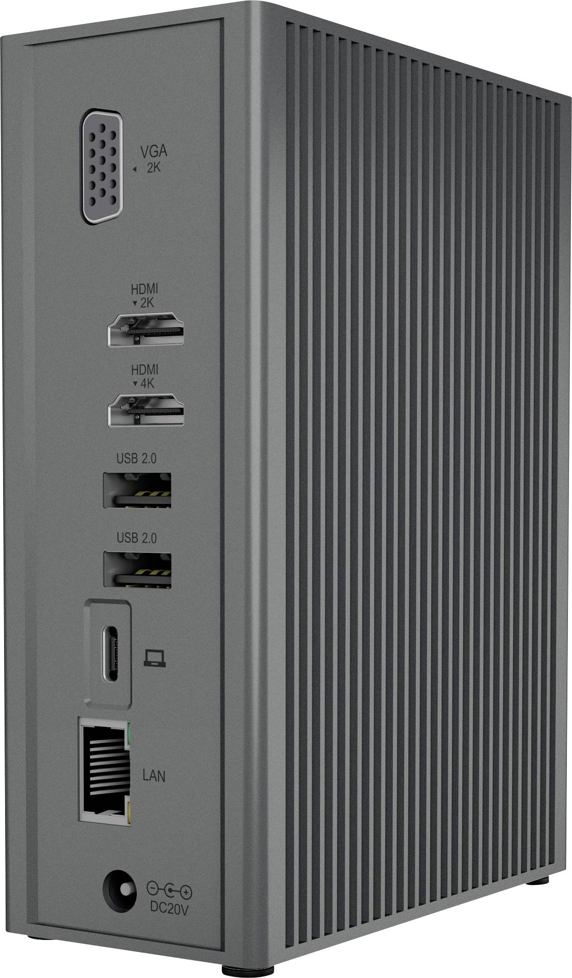 Ein grauer Computer-Dock mit Anschlussmöglichkeiten: VGA, zwei HDMI, zwei USB 2.0, LAN und Netzteilanschluss.