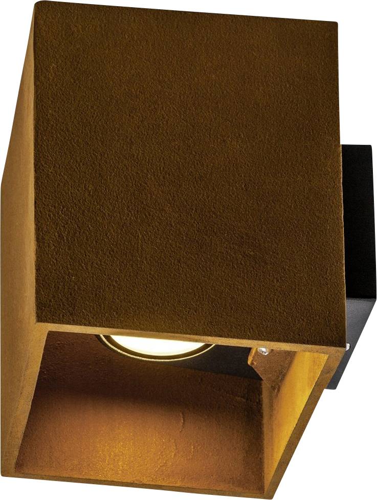 Wandlampe aus rostfarbenem Metall mit quadratischem Rahmen und sichtbarer Glühbirne, zur dekorativen Beleuchtung geeignet.