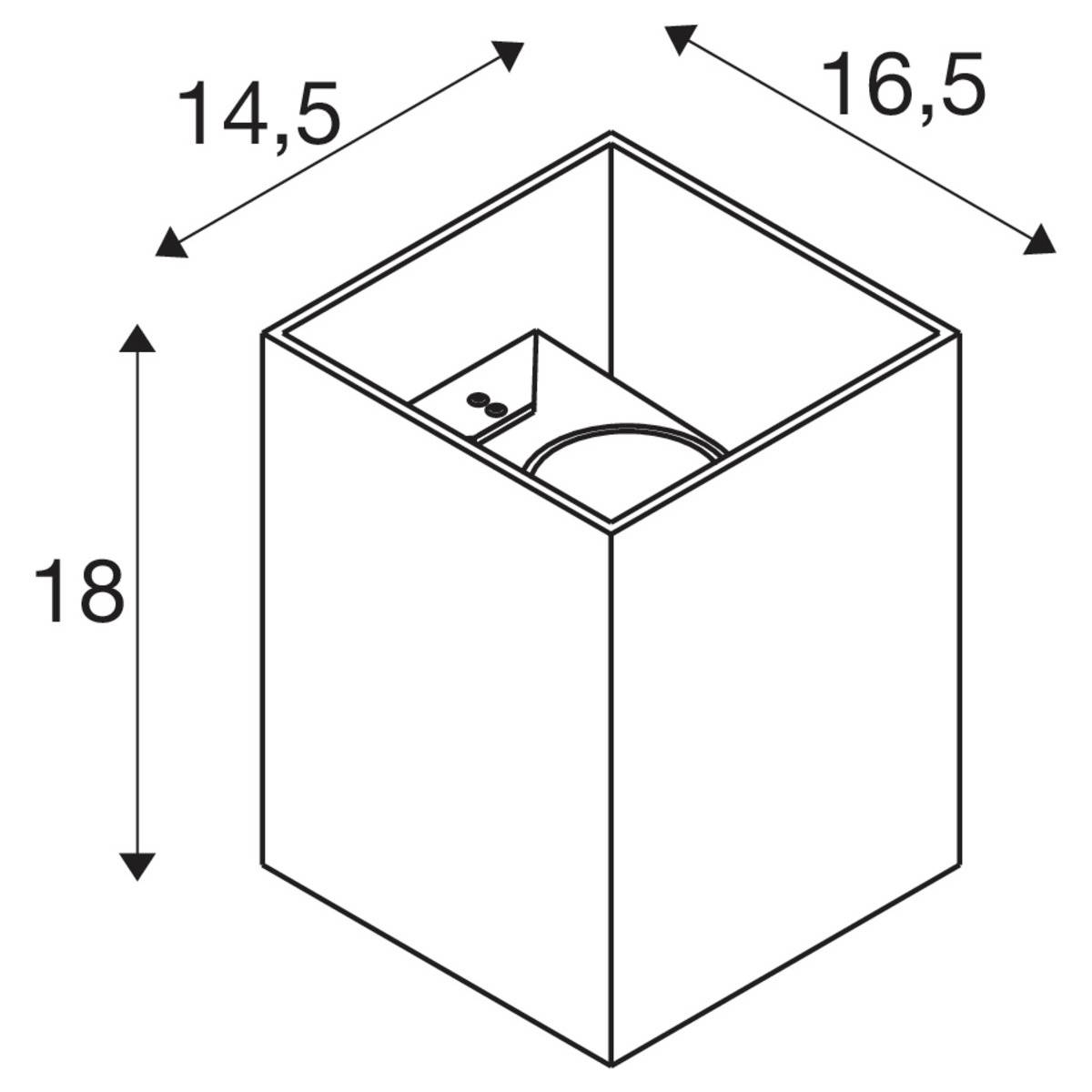 'Zeichnung zeigt einen offenen, quadratischen Behälter von oben. Maße sind 14,5 x 16,5 x 18.'