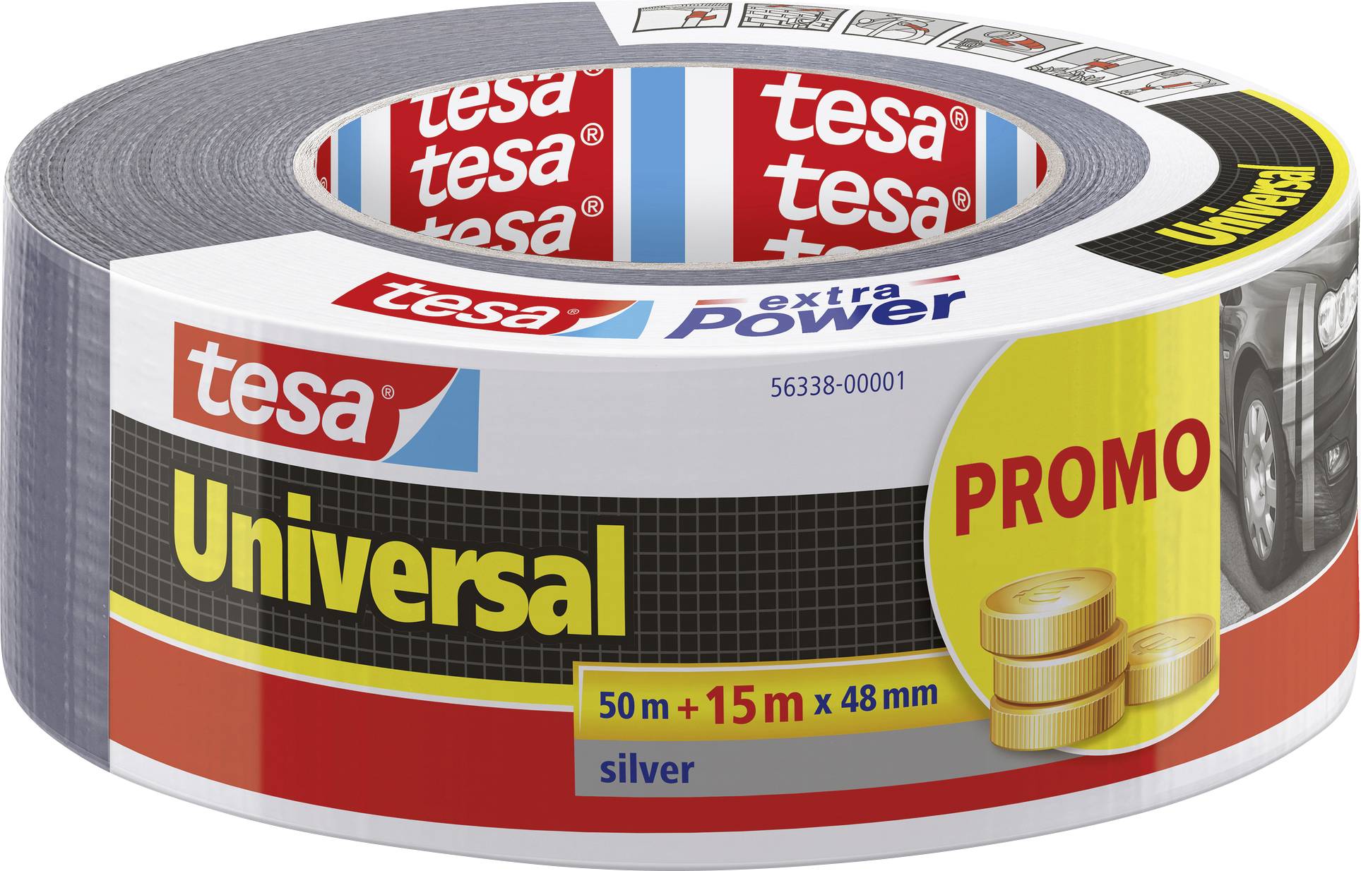 Klebebandrolle mit der Aufschrift 'tesa Universal', zusätzliche Länge von 15 m als Promotion gekennzeichnet, silberne Farbe.