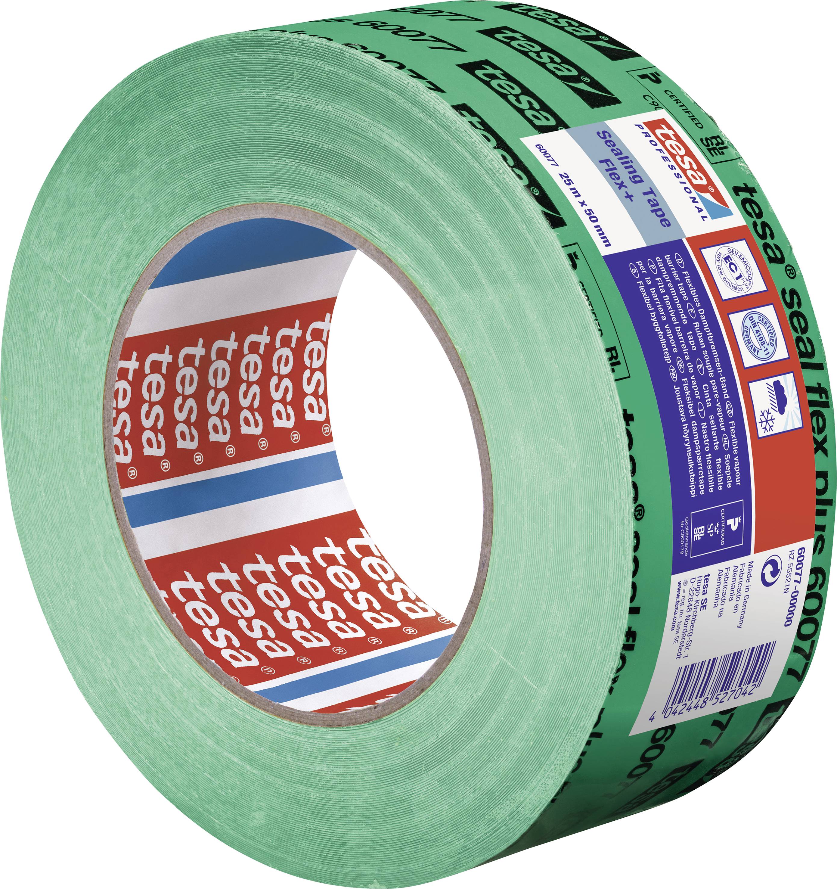 Eine Rolle grün-blaues Abdichtband von tesa mit Beschriftungen und Etiketten auf der Verpackung, gezeigt im Profil.