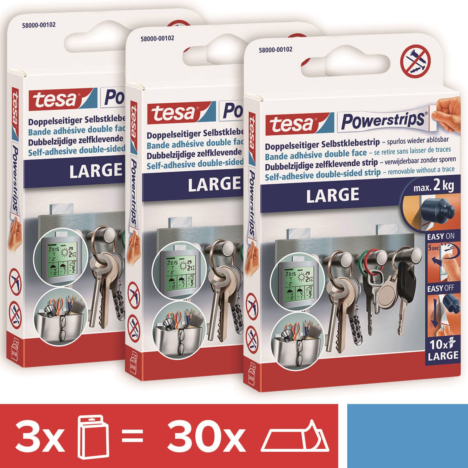 'Drei Packungen tesa Powerstrips LARGE für bis zu 2 kg Last. Geeignet zum Aufhängen von Gegenständen wie Schlüsseln. Inkl. 30 Strips.'