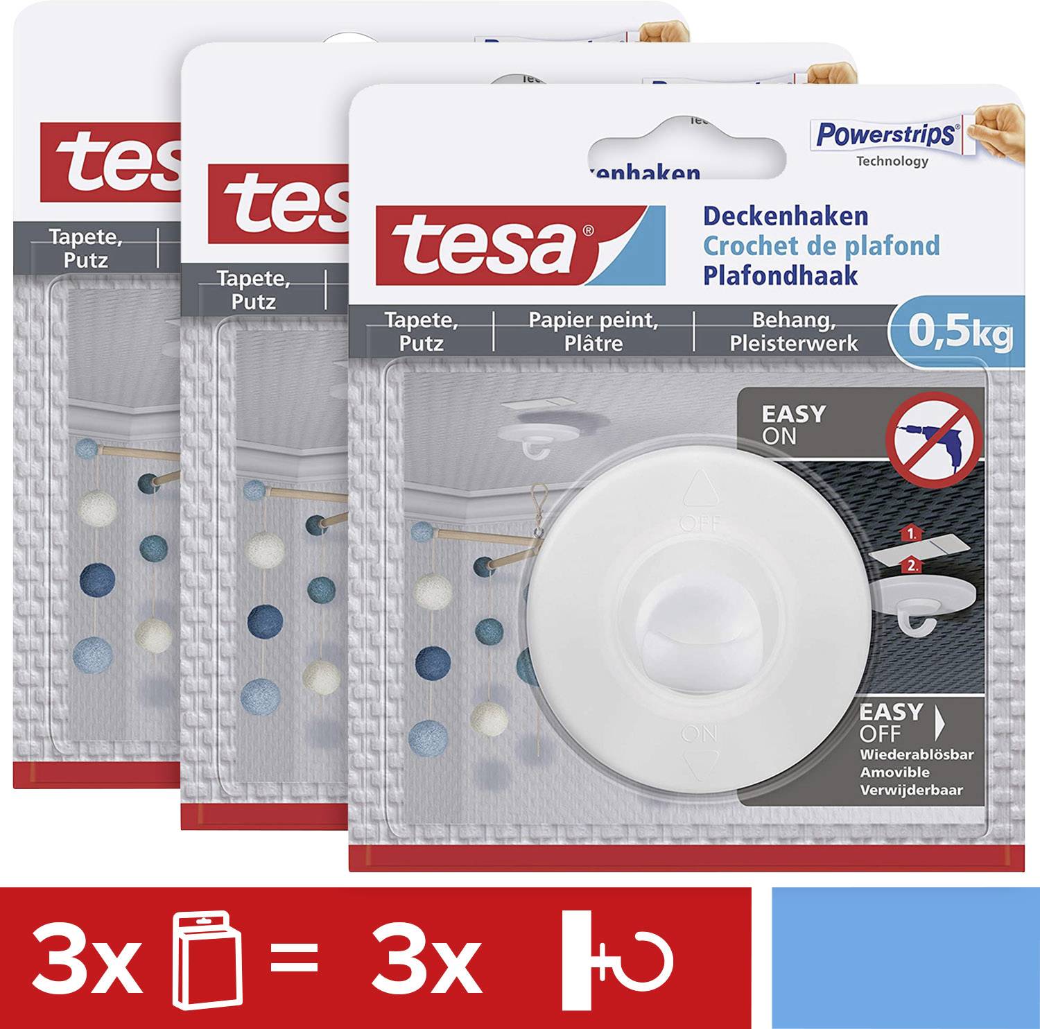 'Drei Packungen tesa Deckenhaken mit Powerstrips, wiederverwendbar, für Tapeten und Putz, Tragkraft 0,5 kg pro Haken. Anpassbar.'