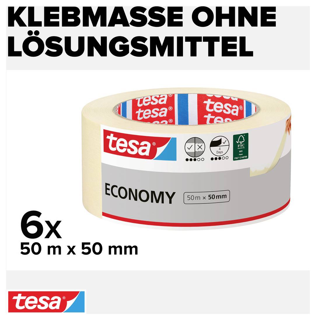 'Verpackung von tesa Economy Klebeband 50 m x 50 mm, 6 Rollen. Klebmasse ohne Lösungsmittel. Bild des Produkts und Logos.'