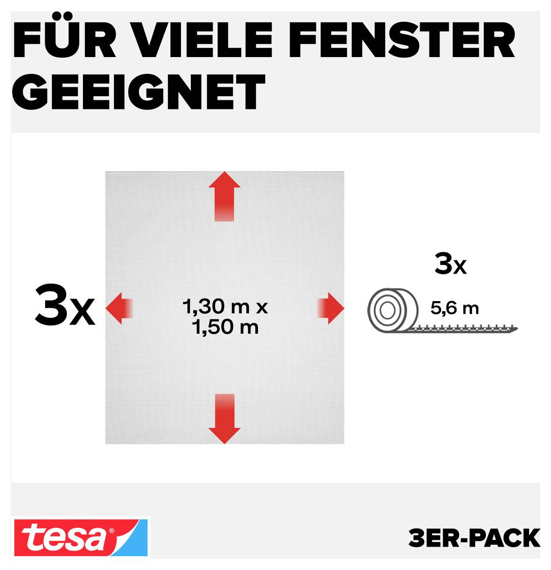 Verpackungsgrafik: 'FÜR VIELE FENSTER GEEIGNET' mit Fensterskizze 1,30 m x 1,50 m, 3x und 5,6 m; tesa 3ER-PACK.