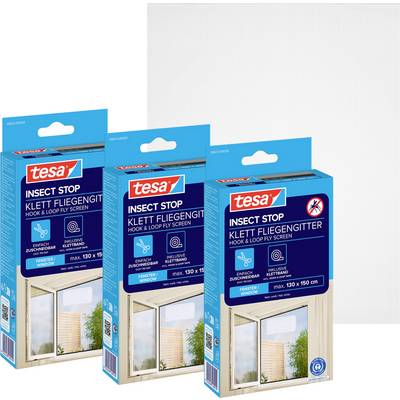 Drei Tesa Insect Stop Klett- und Schlaufenfliegenschutzgitter-Pakete in verschiedenen Größen, gestapelt in einer Produktpräsentation dargestellt.