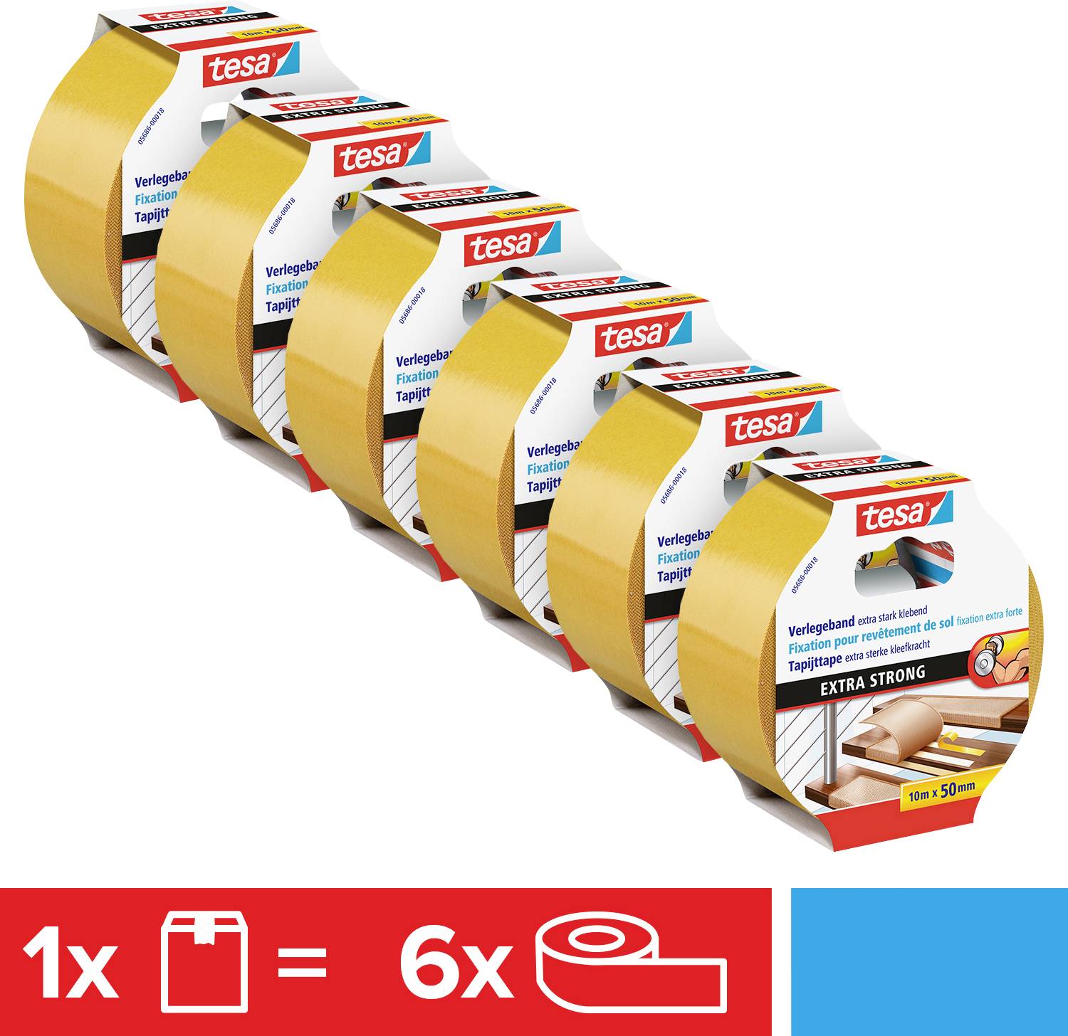 Sechs Rollen extra starkes tesa Teppichklebeband, 10m x 50mm, zur sicheren Befestigung von Teppichen auf glatten Böden.