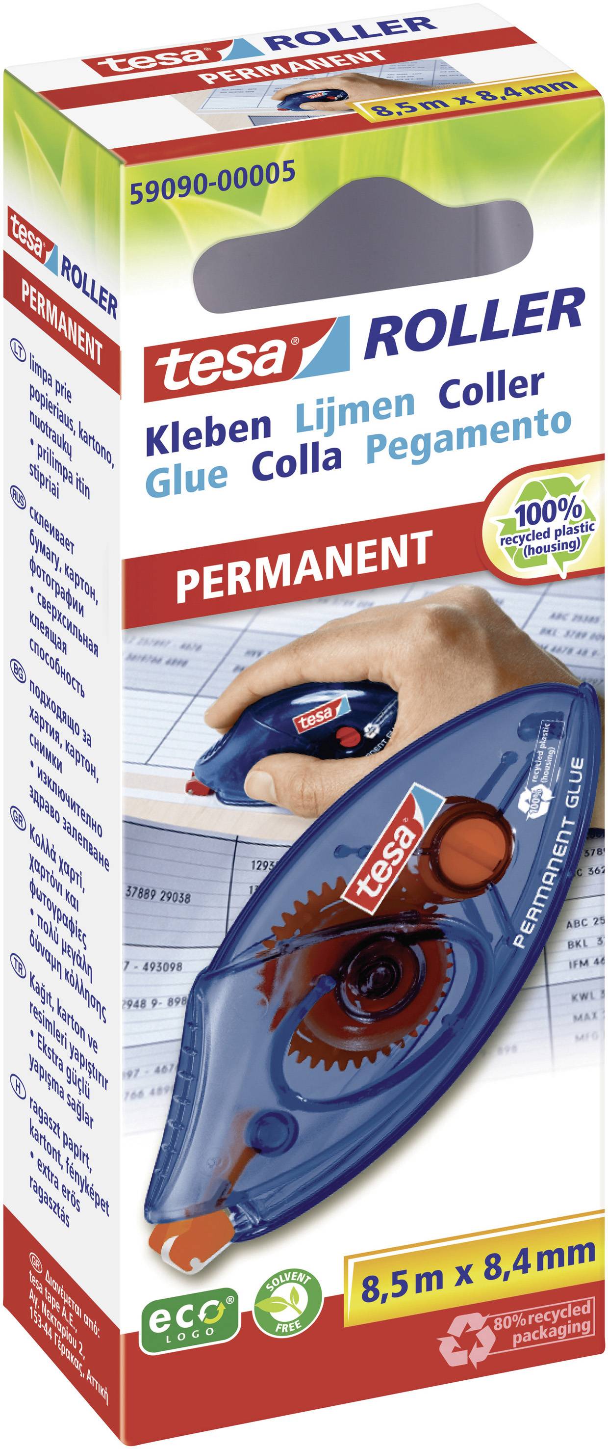 Verpackung eines Tesa Kleberollers für permanenten Klebstoff. Enthält Produktabbildung und Details zu Funktionen und Abmessungen.