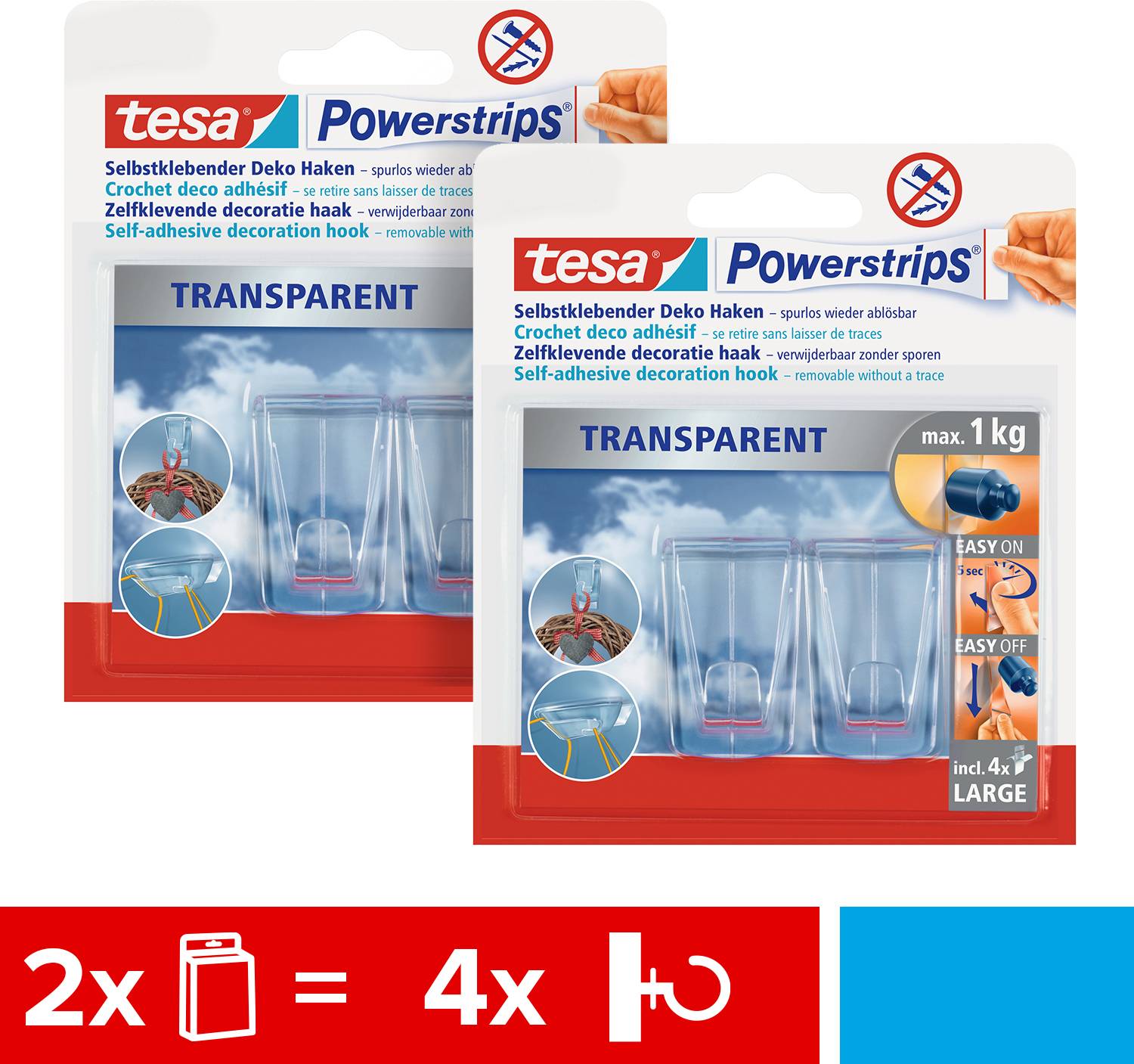 'Verpackung von Tesa Powerstrips transparenten Haken. Enthält 4 Haken mit einer Tragkraft von max. 1 kg. Leicht anzubringen und zu entfernen.'
