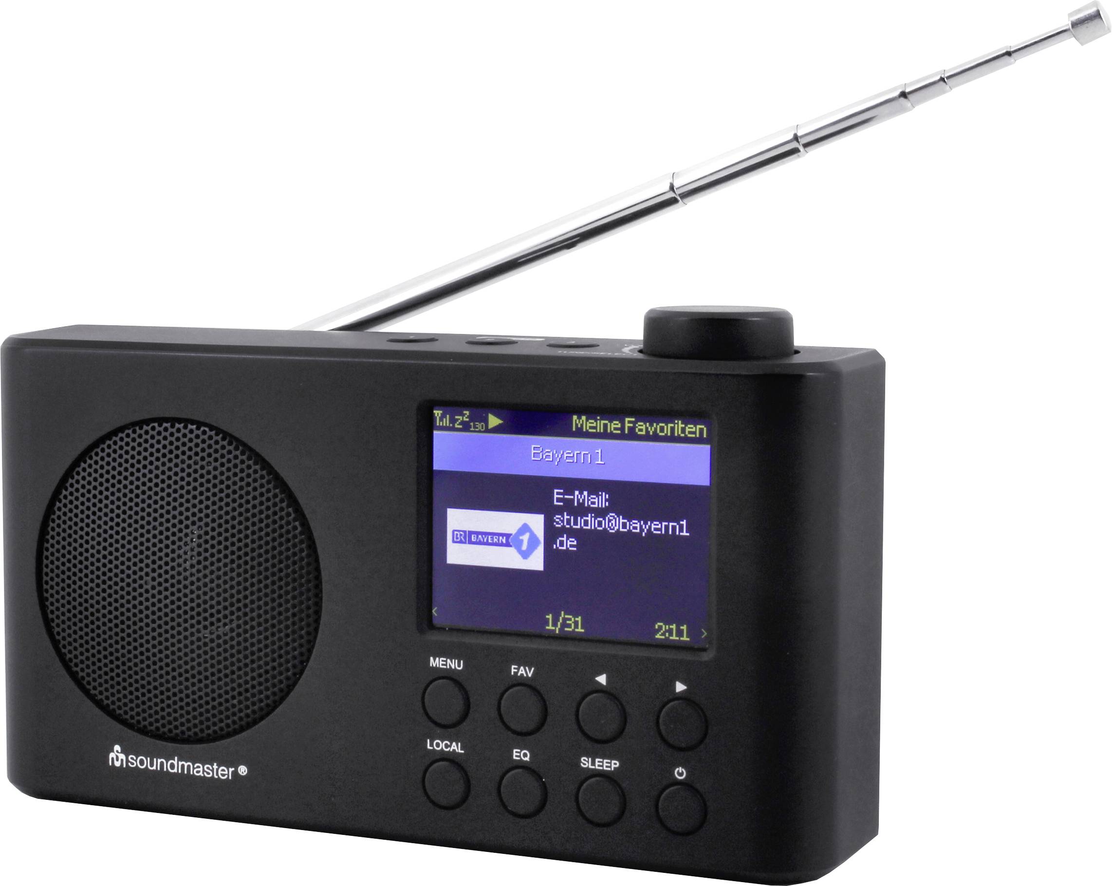 Schwarzes Radio mit Ausziehantenne. Display zeigt: 'Meine Favoriten - Bayern1'. Enthält Knöpfe für Menü, Favoriten und Lautstärke.
