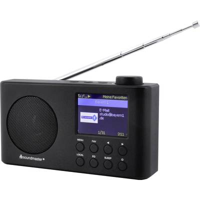 Schwarzes Radio mit Ausziehantenne. Display zeigt: 'Meine Favoriten - Bayern1'. Enthält Knöpfe für Menü, Favoriten und Lautstärke.
