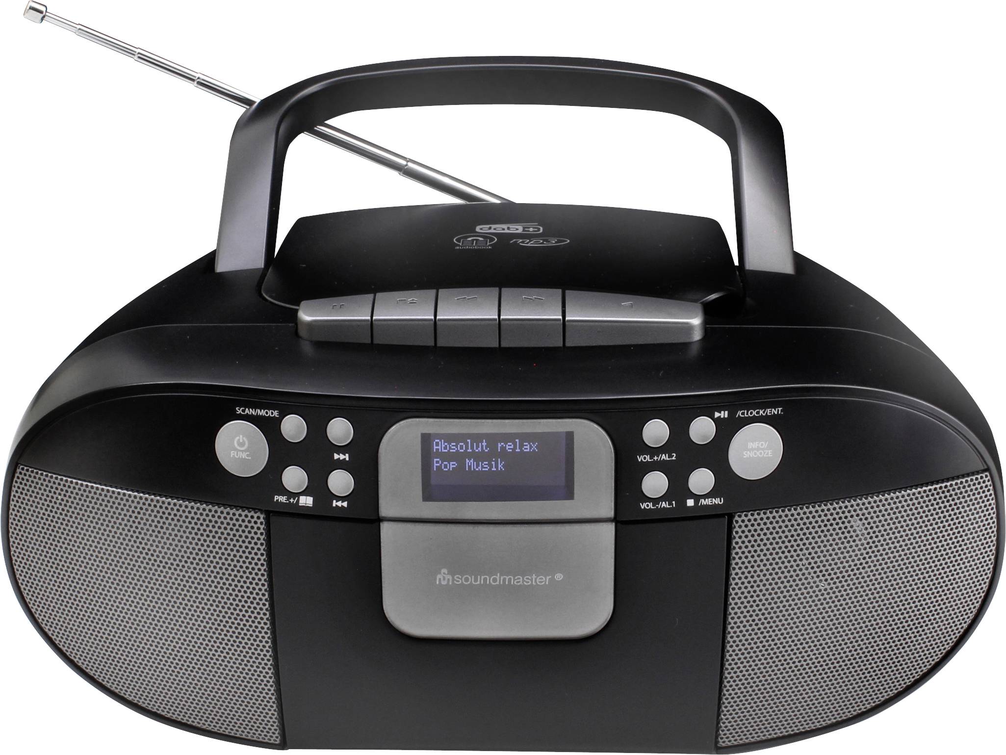 Ein schwarzes tragbares Radio mit Antenne, Lautsprechern, Tasten und Display, das 'Absolut relax Pop Musik' anzeigt.