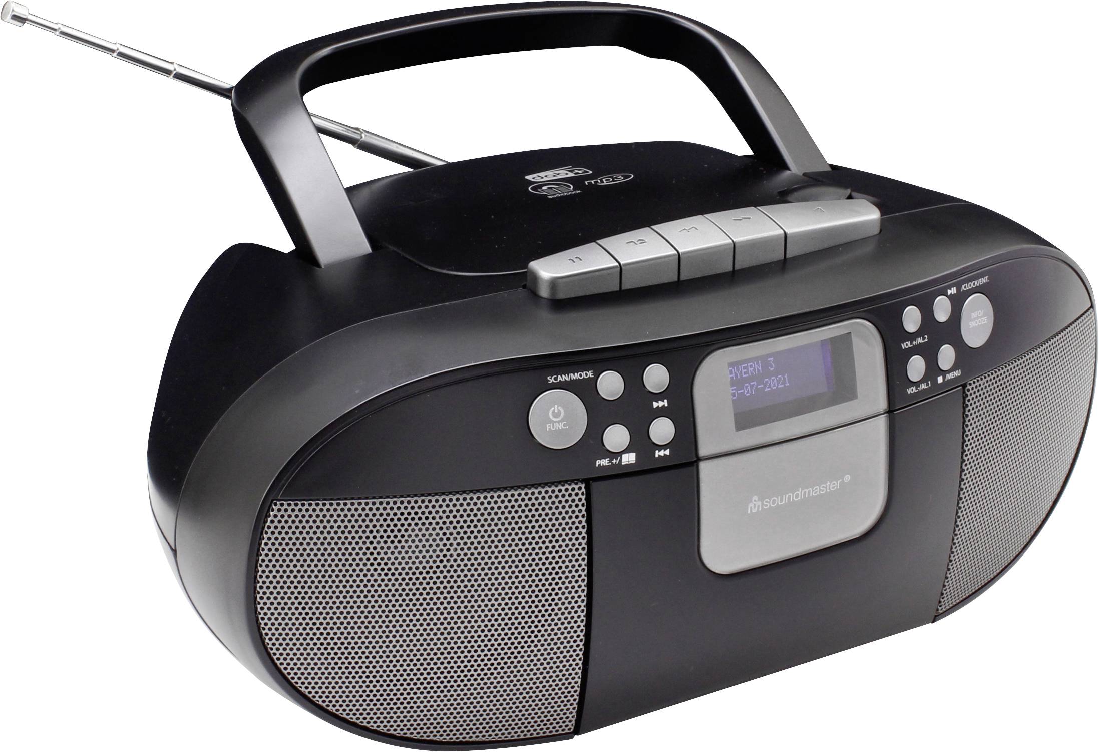 Schwarzes tragbares Radio mit CD-Laufwerk, Lautsprechern, Tasten oben und ausziehbarer Antenne, geeignet für Musikabspielmöglichkeiten.