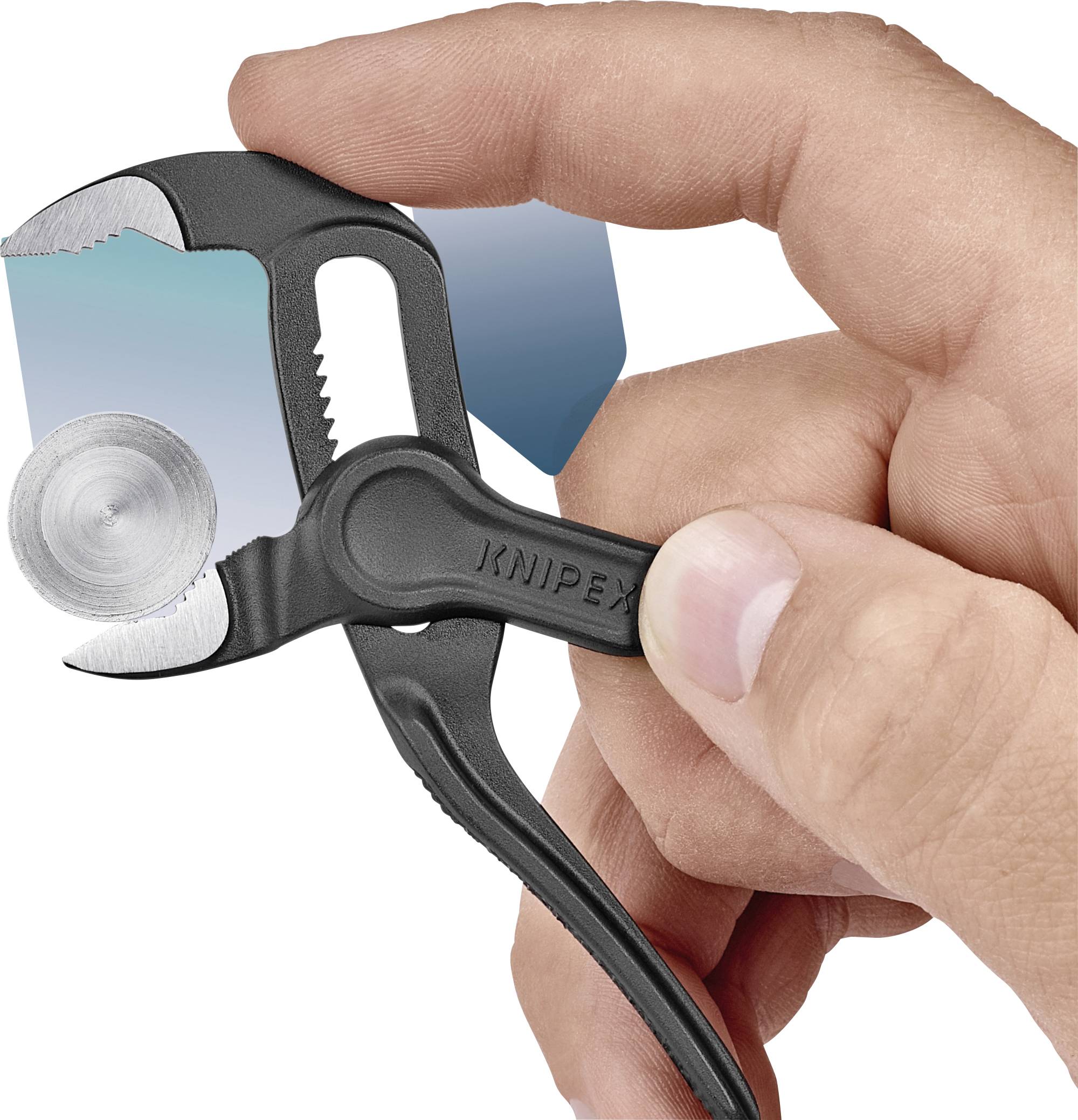 Hand hält eine kleine Zange, die einen kleinen runden Gegenstand fasst. Der Griff der Zange ist markiert mit 'KNIPEX'.