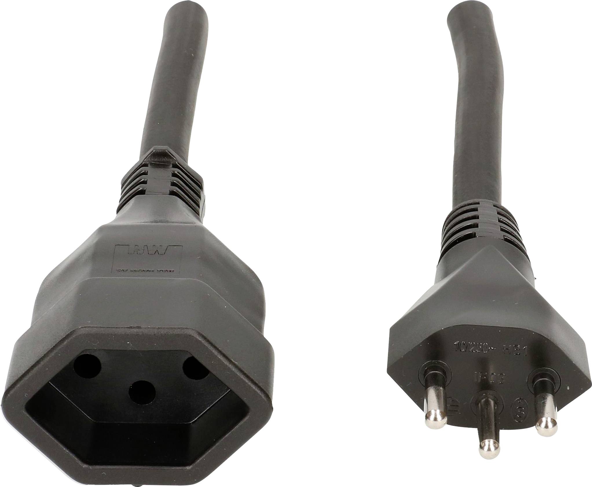 Zwei schwarze Stromkabelstecker, links Steckerbuchse mit drei Löchern, rechts Stecker mit drei Pins, beide von vorne gezeigt.