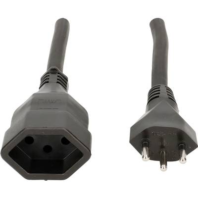 Zwei schwarze Stromkabelstecker, links Steckerbuchse mit drei Löchern, rechts Stecker mit drei Pins, beide von vorne gezeigt.
