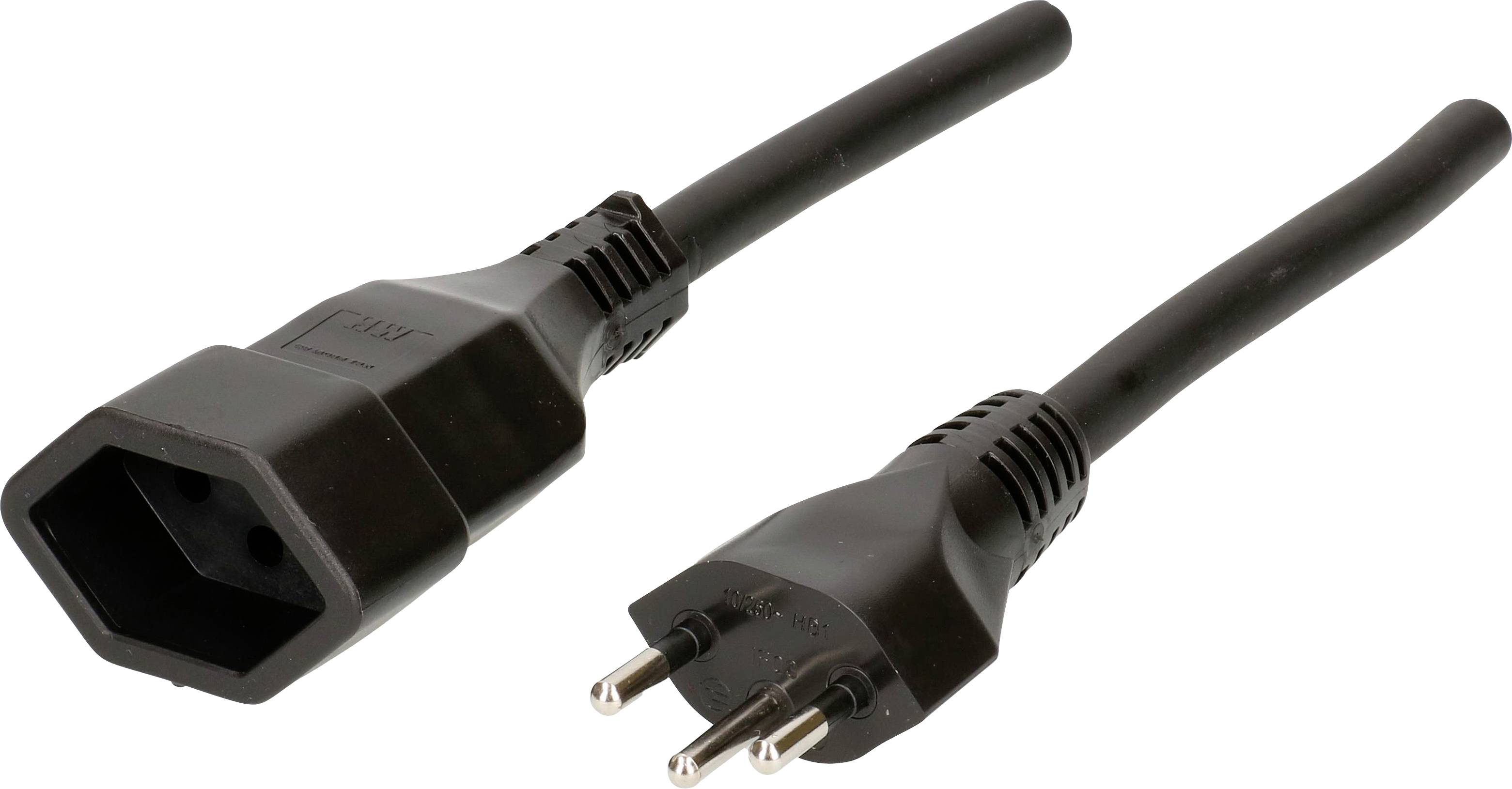 'Schwarzes Netzkabel mit Schuko-Stecker und C13-Buchse, für Elektrogeräte und Computeranschlüsse geeignet.'