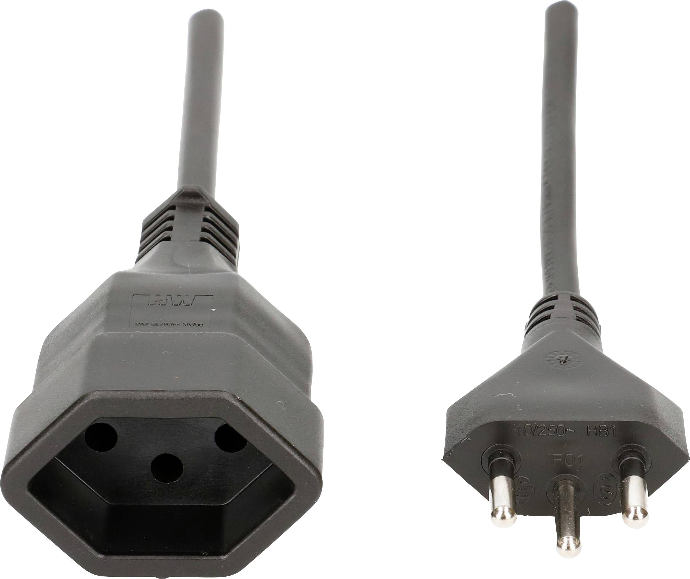 Schwarzes C13-Netzkabel mit Stecker und Buchse, beide Seiten zeigen drei Stifte bzw. Löcher. Geeignet für elektronische Geräte.