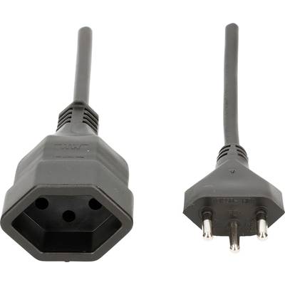 Schwarzes C13-Netzkabel mit Stecker und Buchse, beide Seiten zeigen drei Stifte bzw. Löcher. Geeignet für elektronische Geräte.