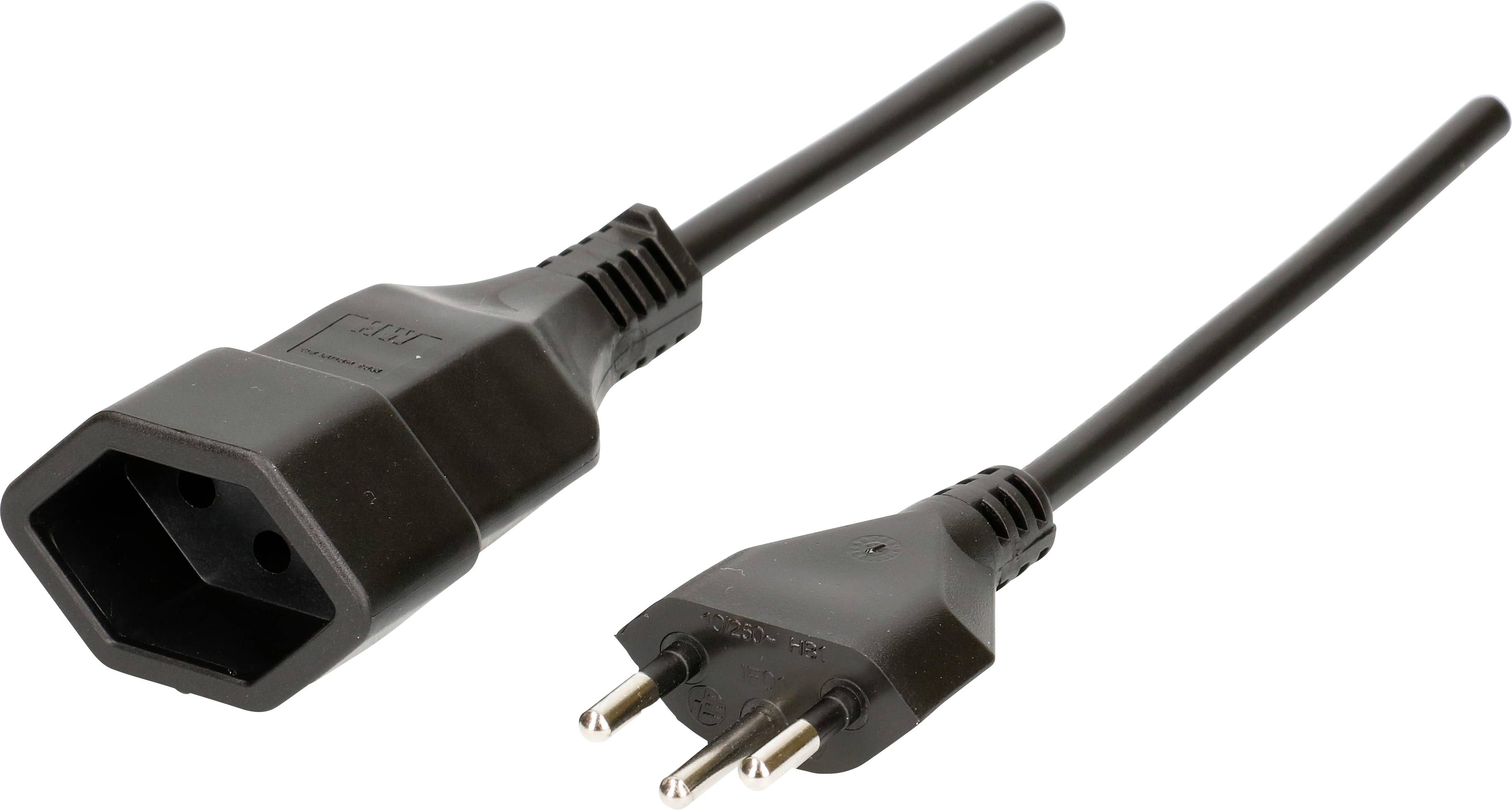 'IEC-C13-Kabel mit einem Eurostecker auf der rechten Seite und einer weiblichen Buchse links. Wird zur Stromversorgung von Geräten verwendet.'