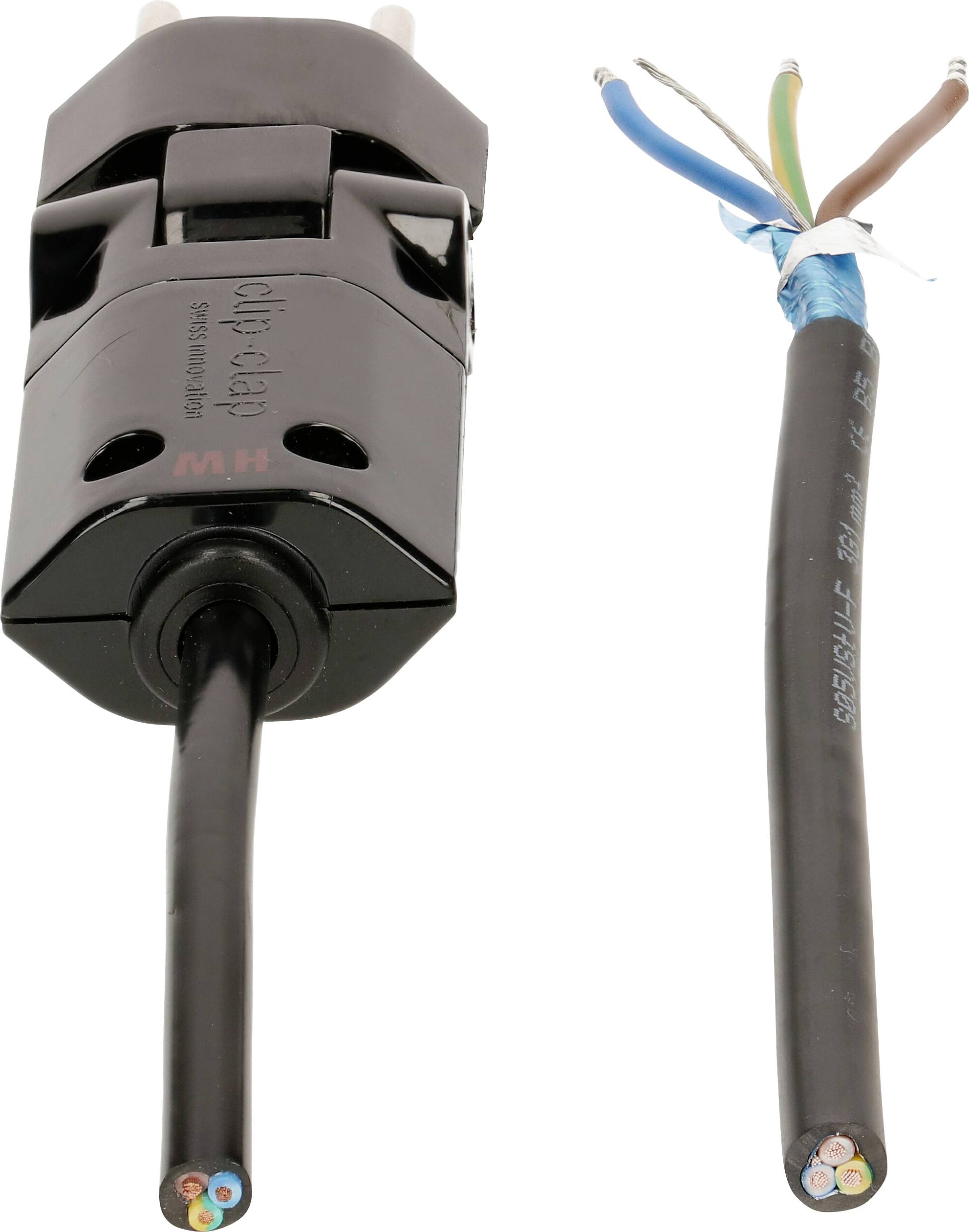 Schwarzer Stromstecker links und aufgeschnittenes Kabel rechts; Kabel zeigt farbige Drähte im Inneren, technische Darstellung.