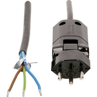 Ein schwarzer dreipoliger Stecker mit abisoliertem Kabel. Drei farbige Drähte in Braun, Gelb-Grün und Blau sind sichtbar.