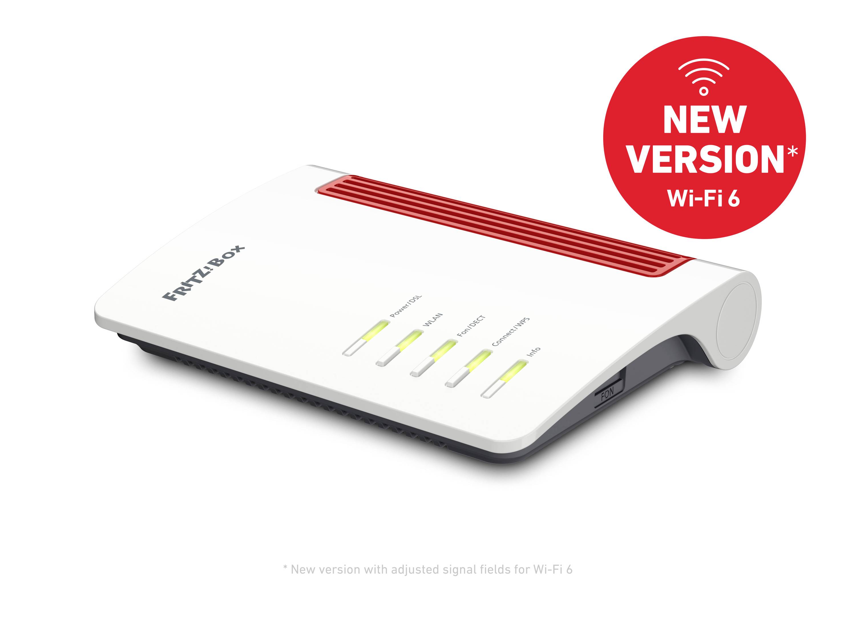 Ein weißer Router mit rotem Detail, 'Fritz!Box' auf der Seite. Ein roter Kreis zeigt 'NEW VERSION Wi-Fi 6'.