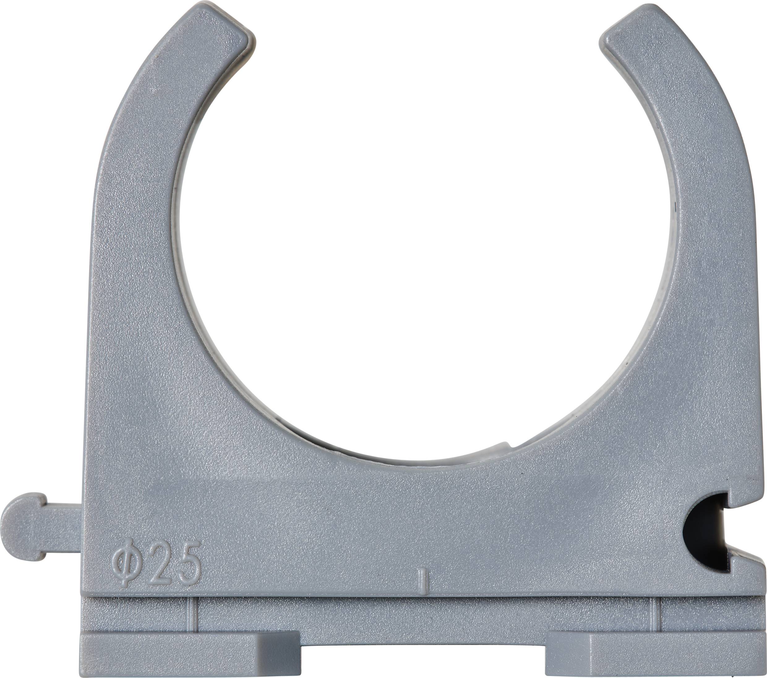 Ein grauer Rohrhalter aus Kunststoff mit einem 25 mm Durchmesser.