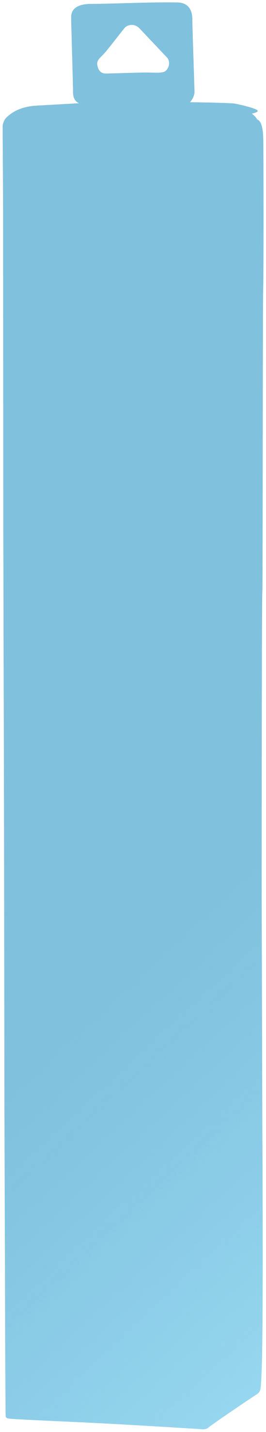 Blauer Kleiderbügel aus Kunststoff mit schmalem, rechteckigem, vertikalen Design und Haken oben. Ideal zum Aufhängen von Kleidung.