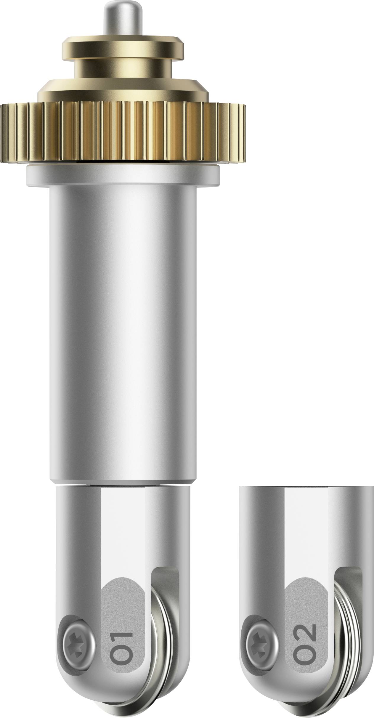 Ein silbernes Schneidewerkzeug mit zwei austauschbaren Klingen, gekennzeichnet mit '01' und '02', für präzise Bastelarbeiten.