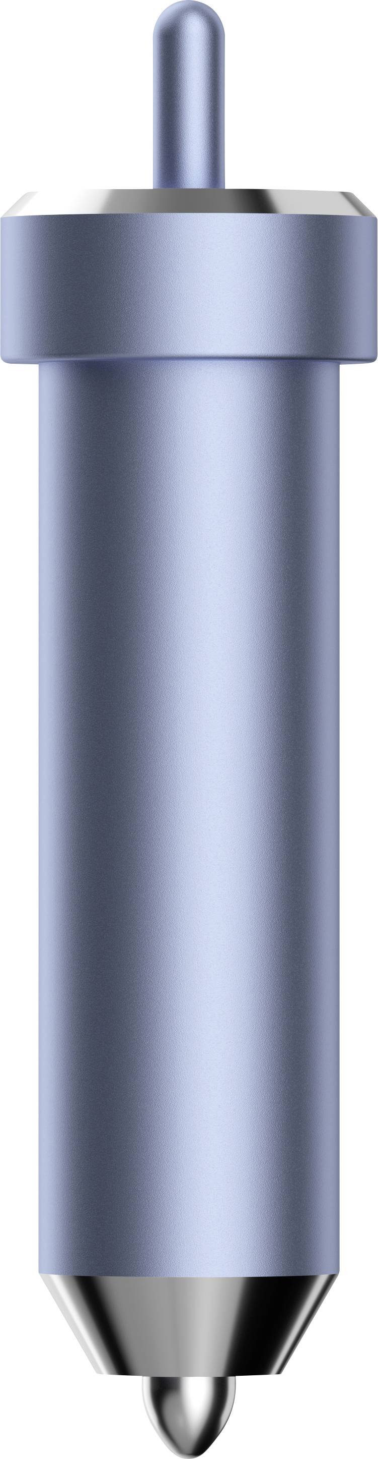 Ein hellblauer Stift mit silbernem Rand und Spitze.