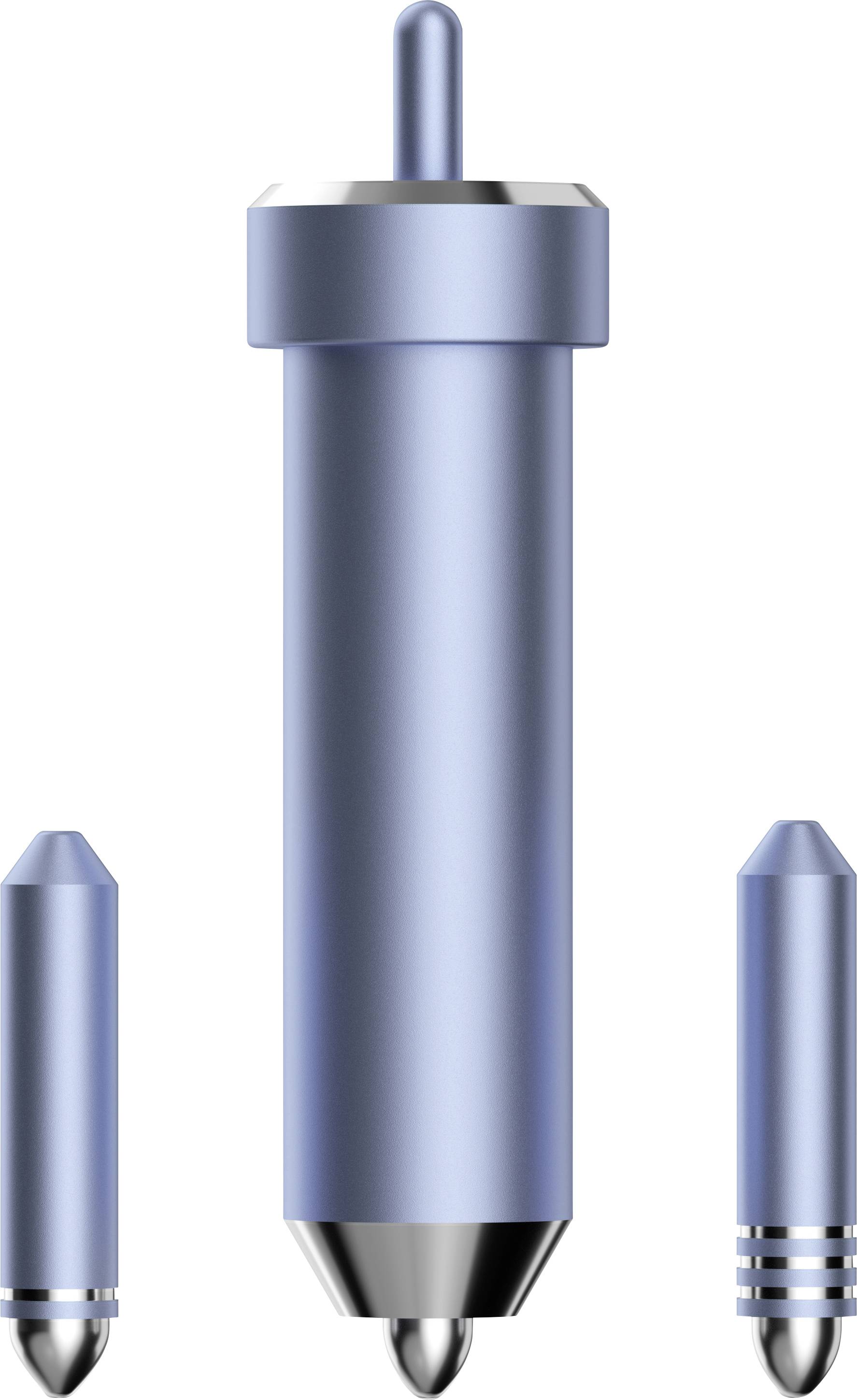 Drei blaue Metallstifte unterschiedlicher Größe, möglicherweise Werkzeuge oder Stifte. Der mittlere Stift ist am größten.